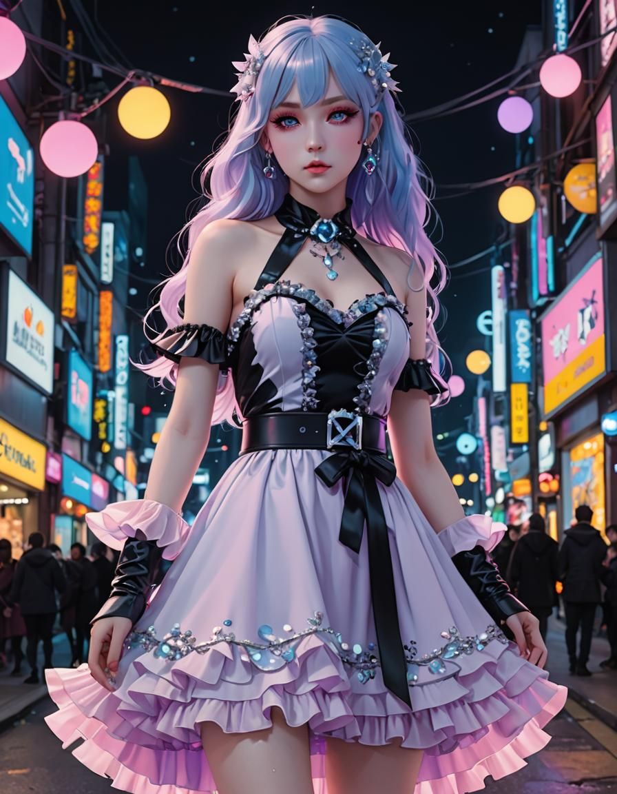 Pastel Goth Dress Amidst Neon Lights: 3D Anime Art