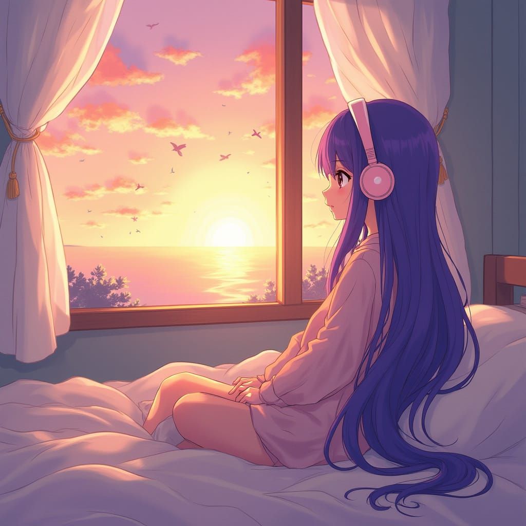 Anime Girl with Purple Hair Gazing at Sunset