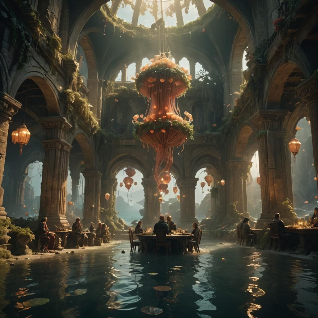 Underwater City: Heroes Dining in a Digital Painting