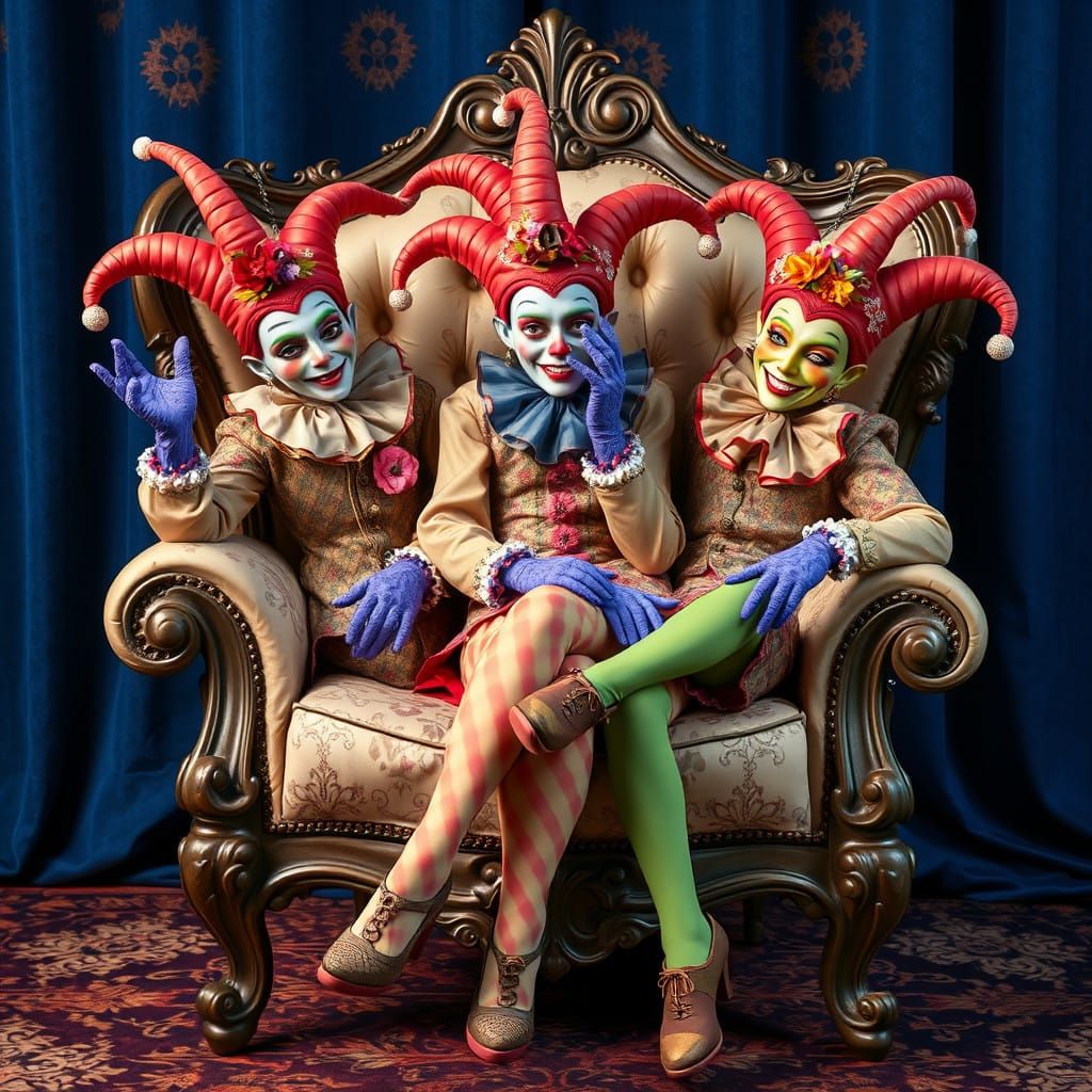 Jesters in Vintage Luxury Attire Adorned with Whimsical Embe...