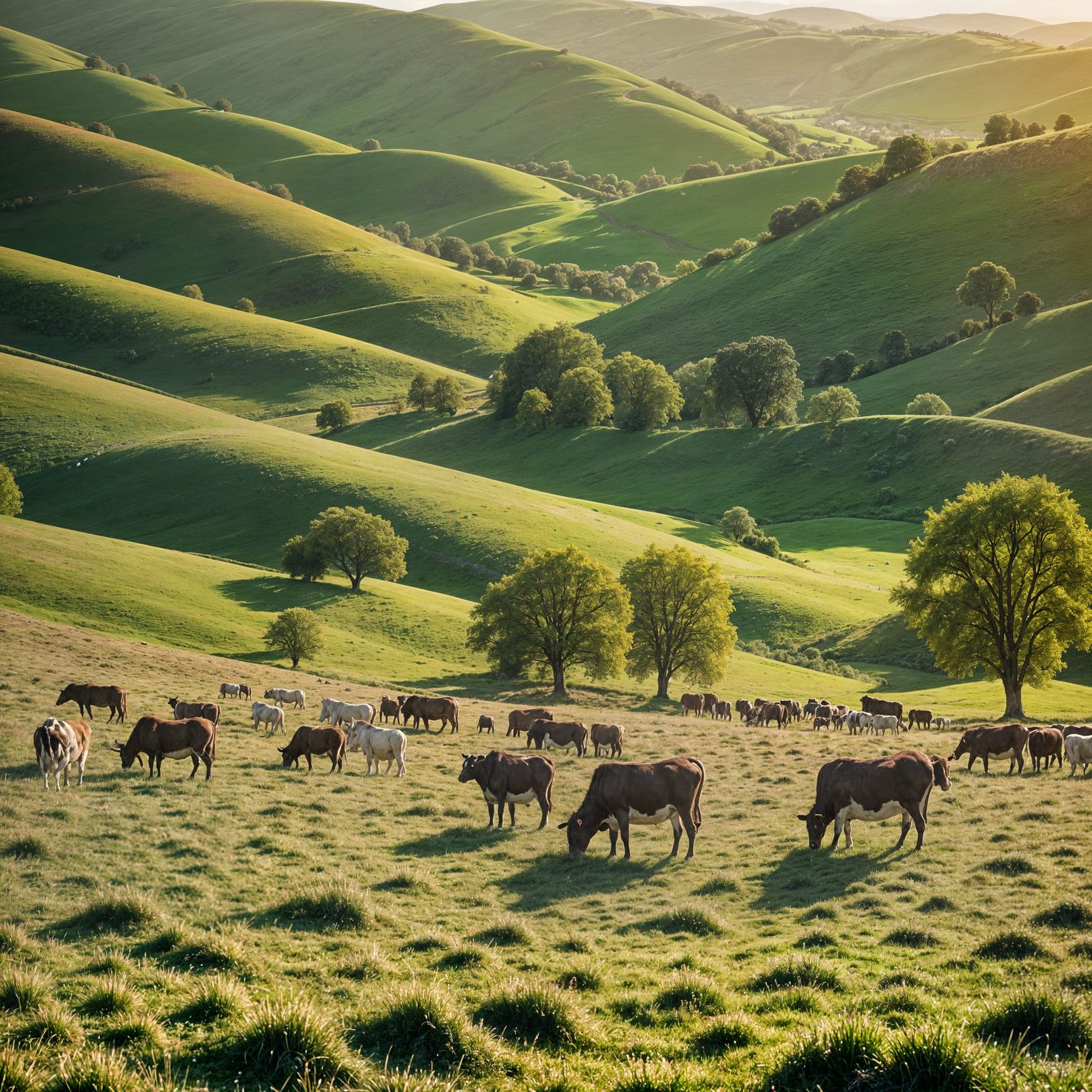 Idyllic Rural Scene with Grazing Cows in Sunlight