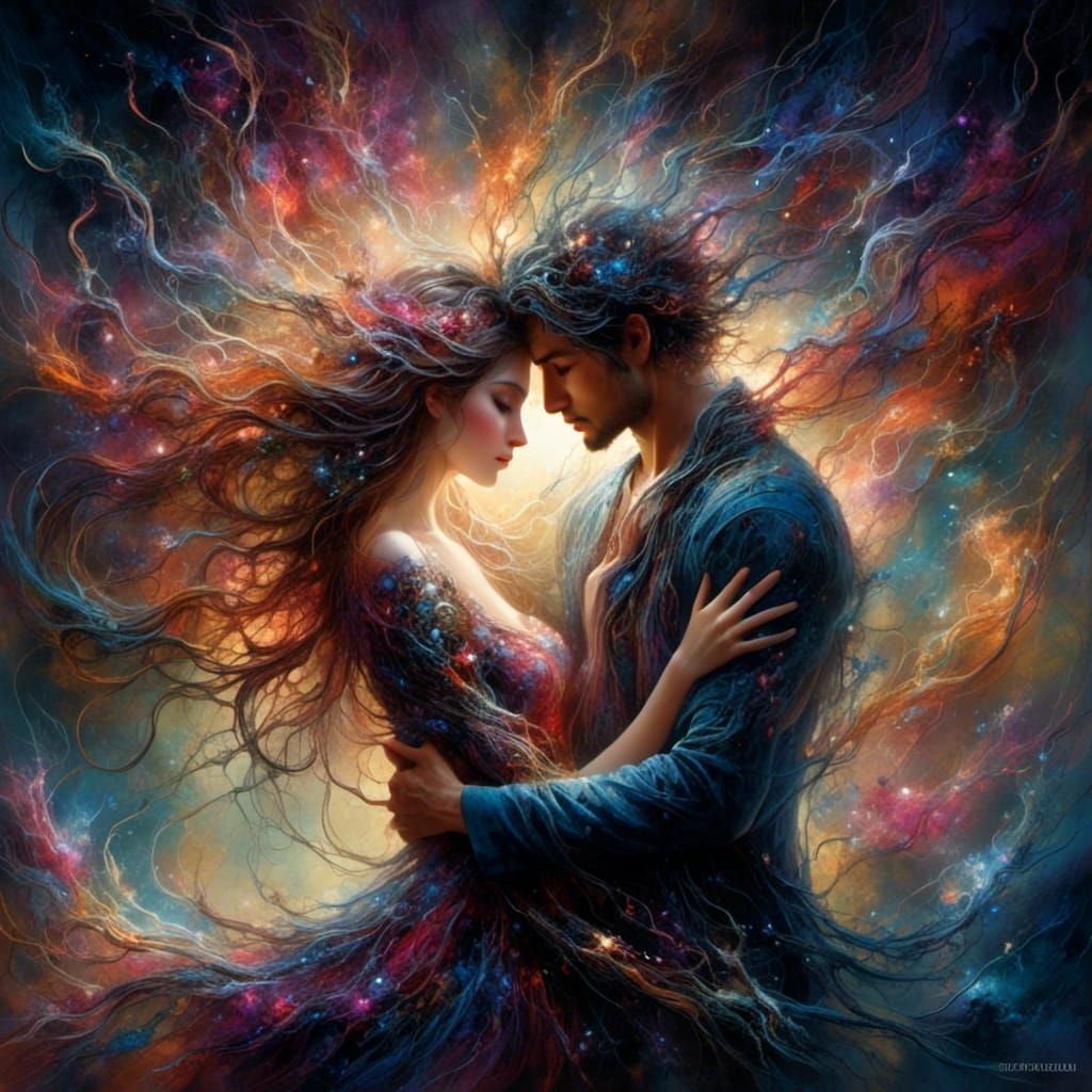 Lovers Entwined Above Fantasy City in Gouache Style