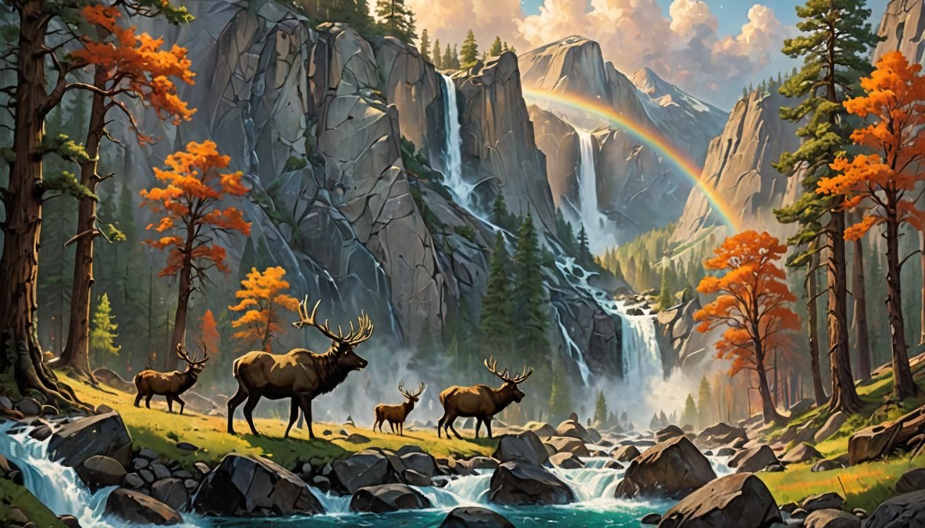 Yosemite Wildlife Fantasy Art in Kinkade Style