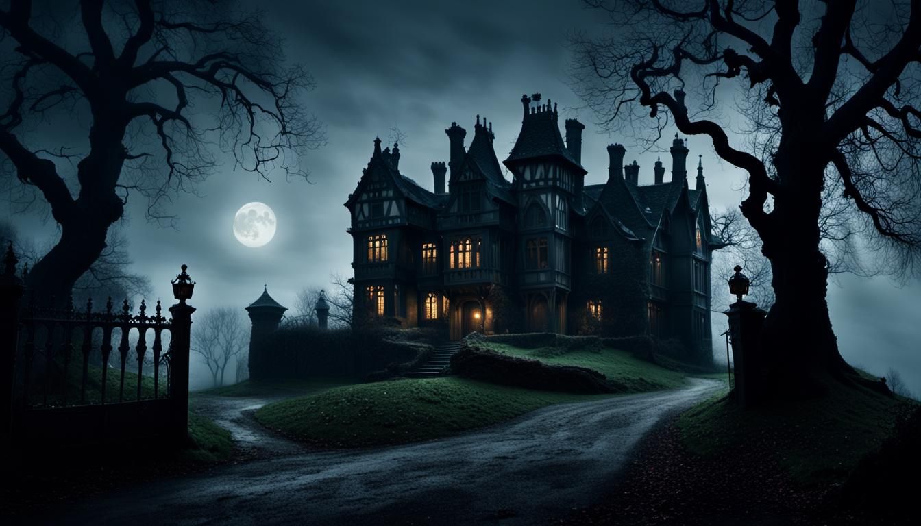 Moody Tudor Mansion in Moonlight: Cinematic Photography