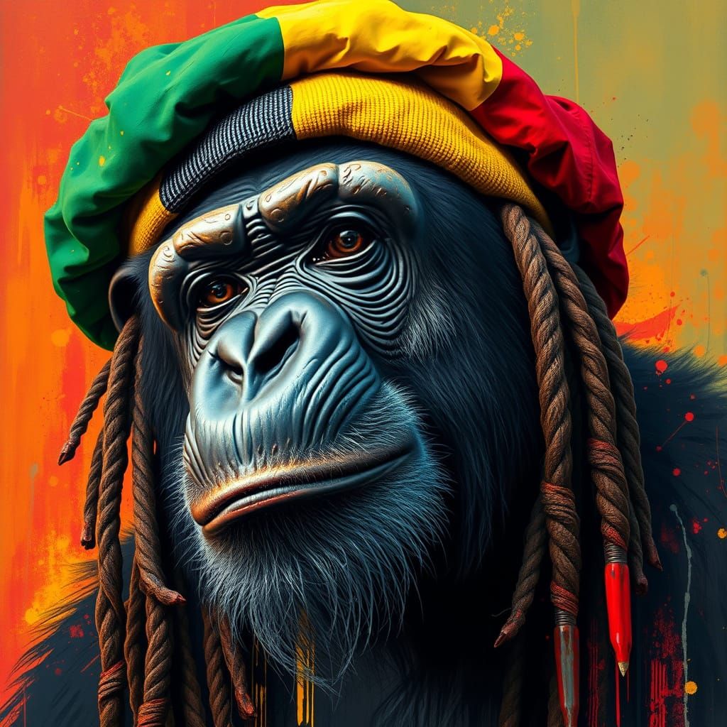 Chimpanzee with Dreadlocks in Hyperrealistic Splash Art