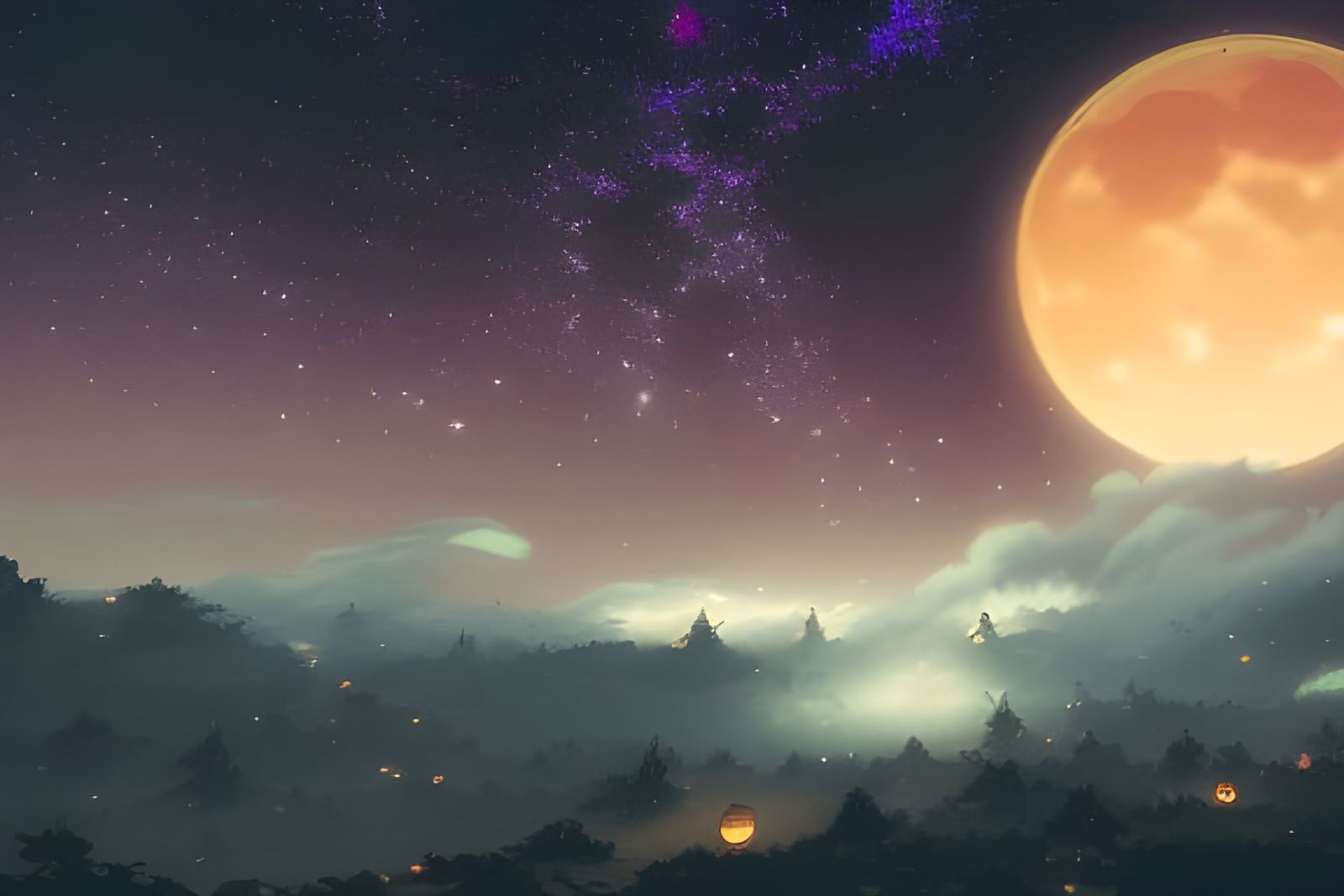 Fantasy Night Sky with Moon, Studio Ghibli Style