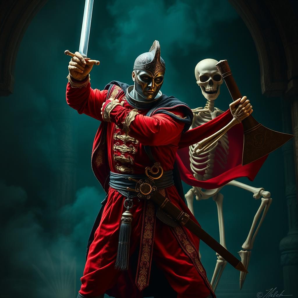 Renaissance Swordsman vs Skeleton in Baroque Style