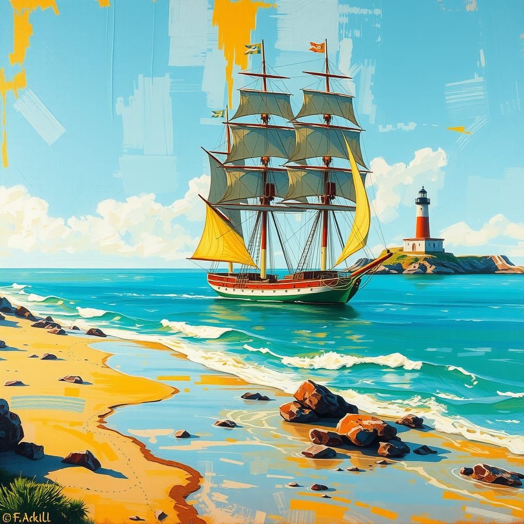 Sailing Ship and Lighthouse in Abstract Impressionist Style