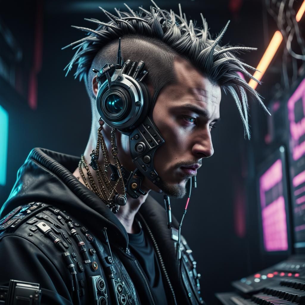 Cyberpunk Music Producer in Hyperrealistic Detail