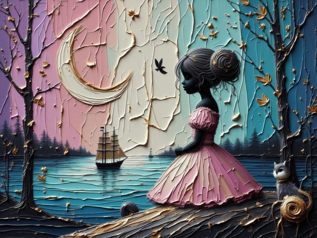 Enchanting Moon Fairy with Cat and Owl in Moonlit Nature