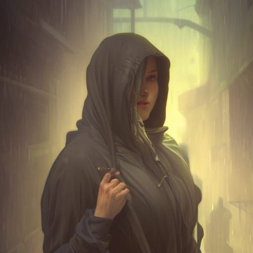 Hooded Assassin in Alleyway, Alphonse Mucha and Ghibli Style