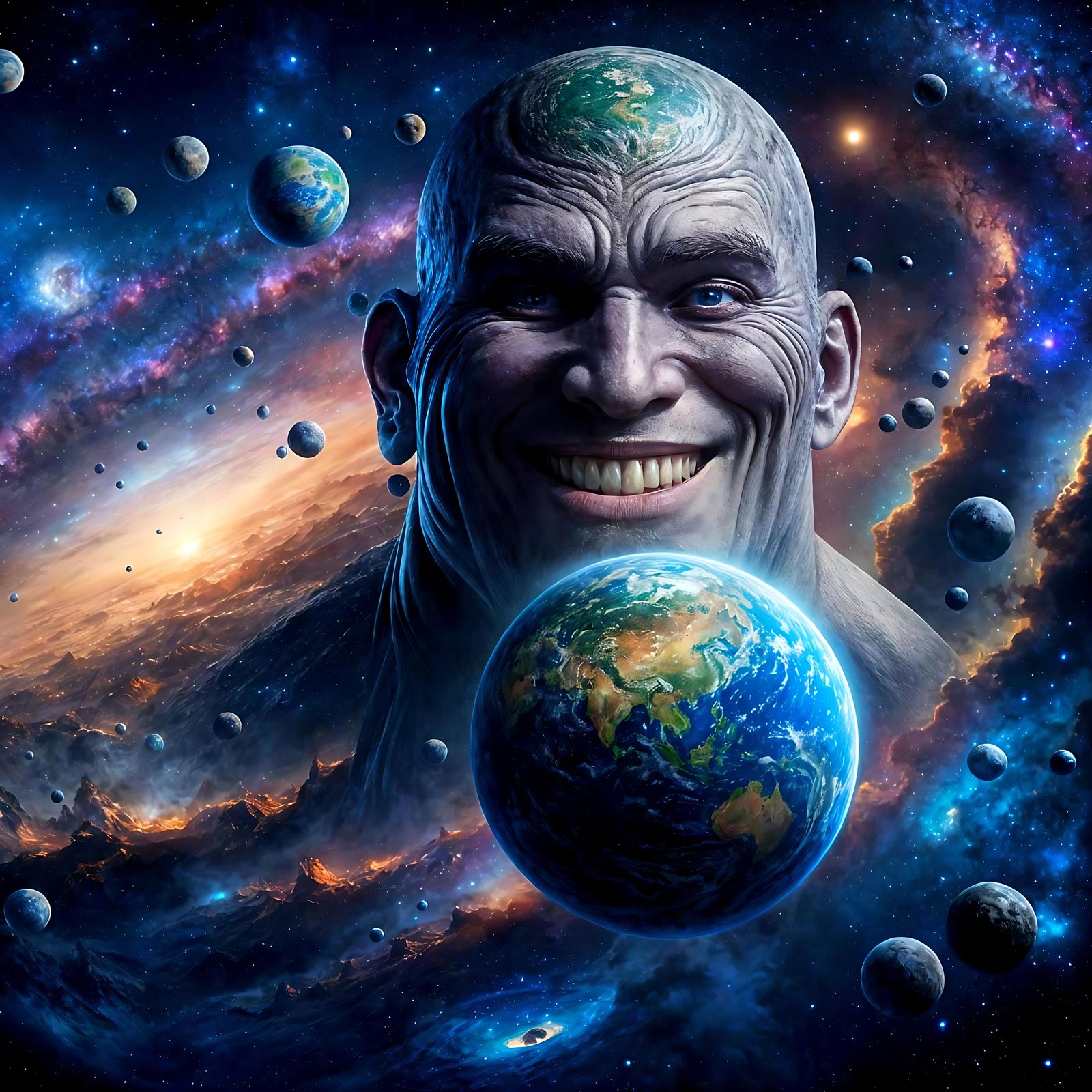 Giant Balances Earth with Awkward Grin in Cosmos