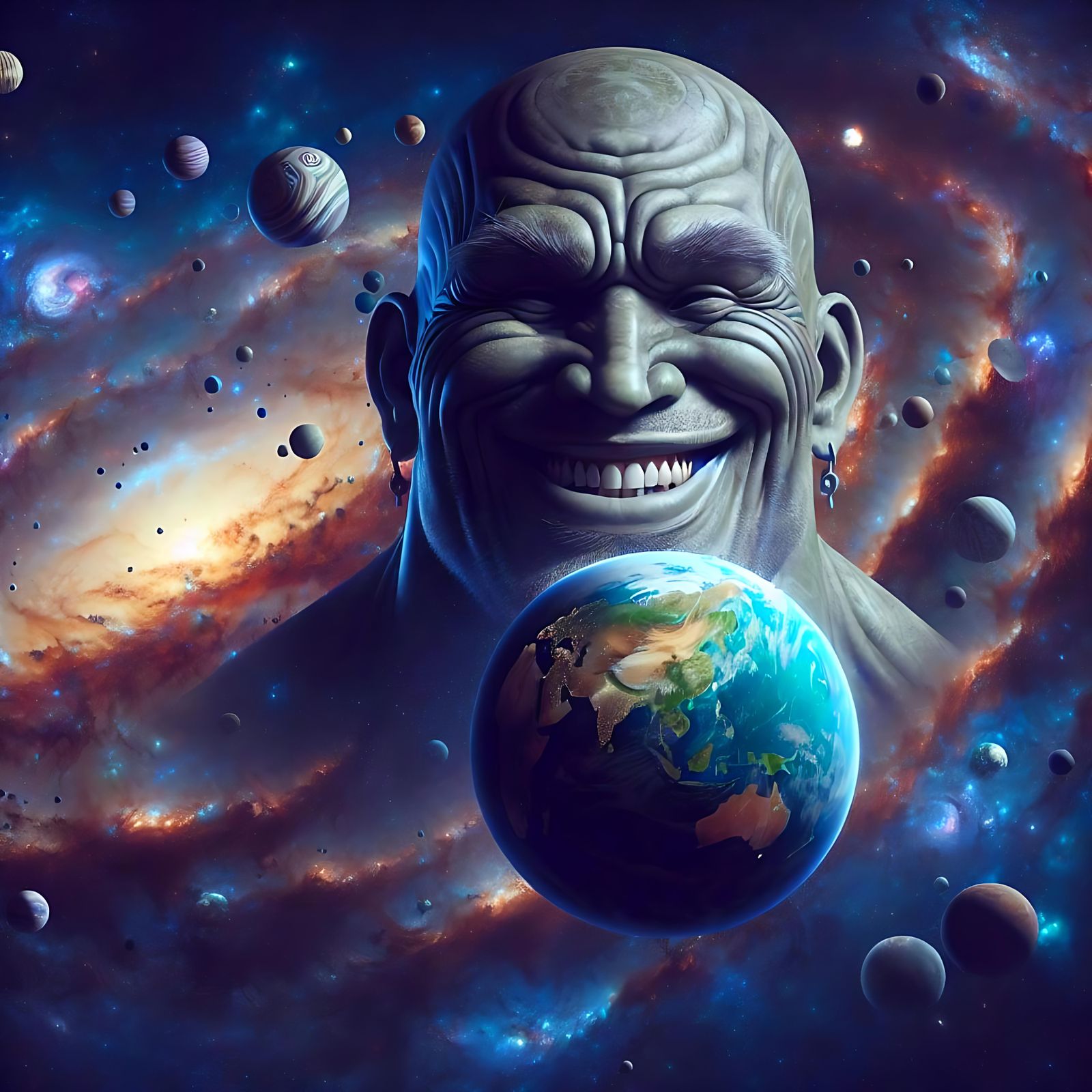 Giant Balances Earth in Cosmic Matte Painting