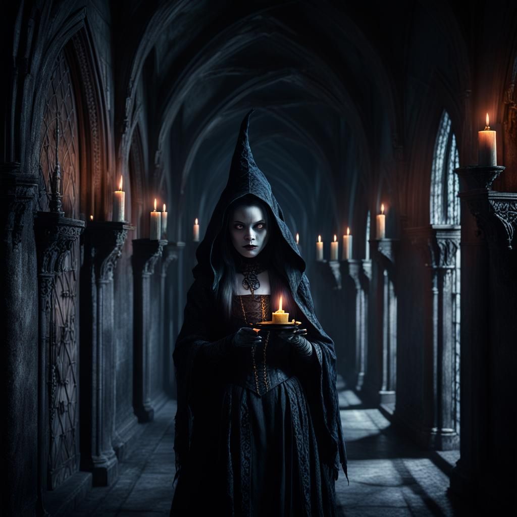 Sinister Sorceress in Gothic Corridor, Chiaroscuro Lighting