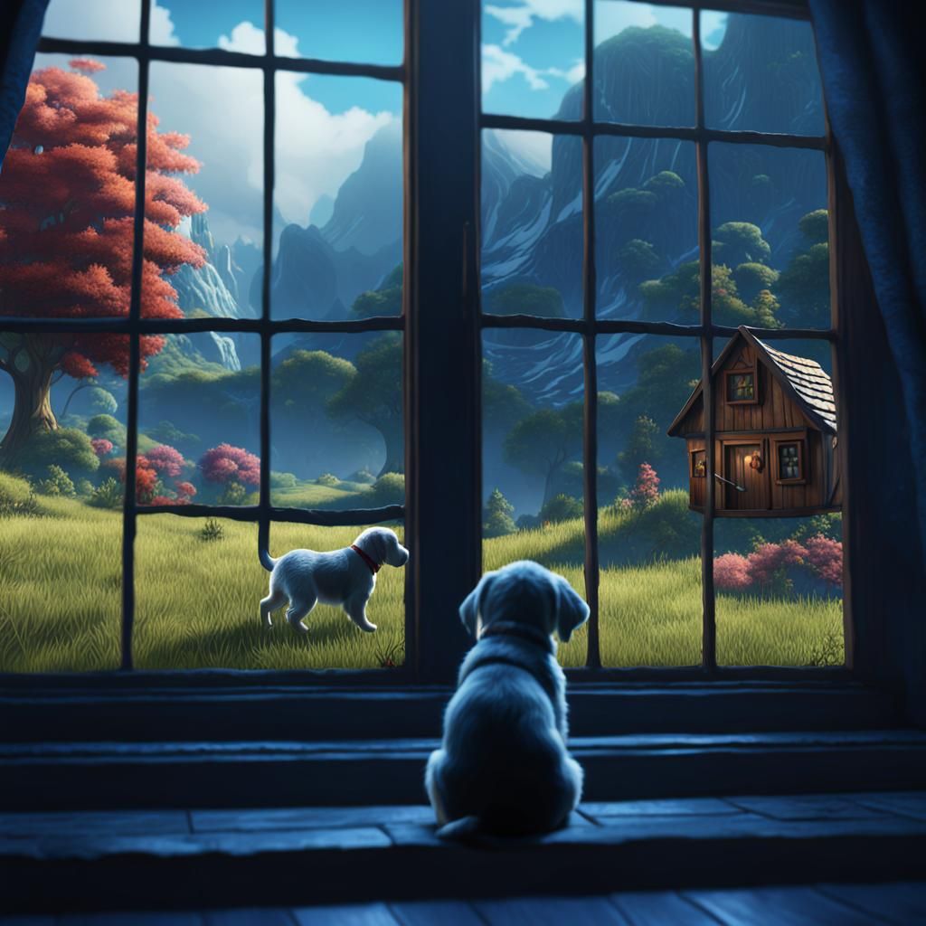 Puppy Gazing Through Window: Fantasy Concept Art
