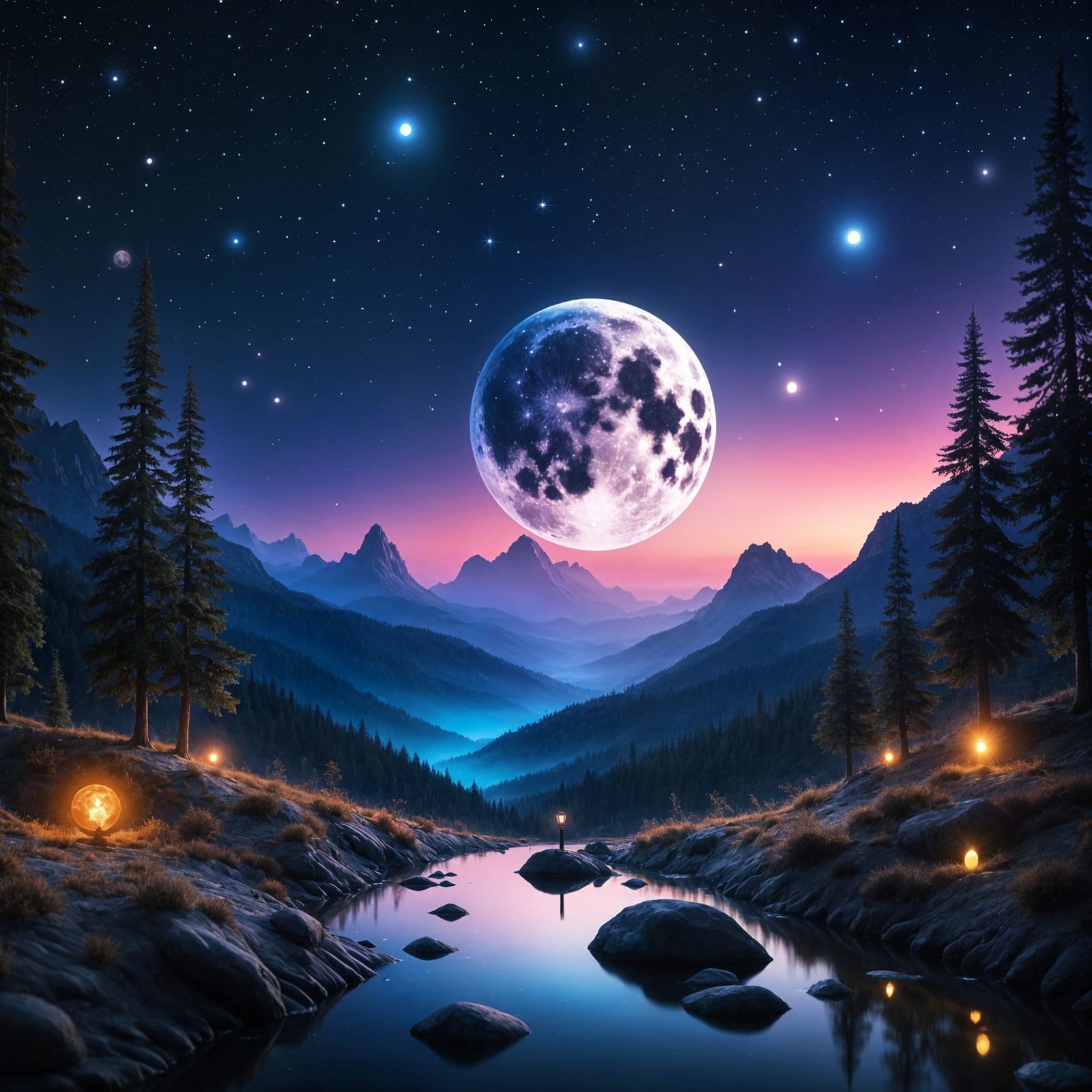 Surreal Full Moon Rises in a Dreamy, Ethereal Landscape