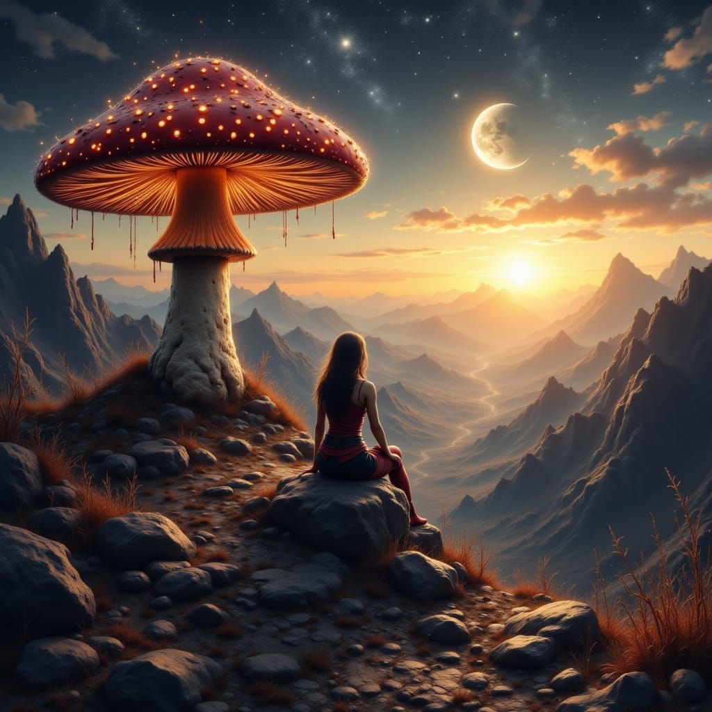 Woman on Rocks Overlooking Fantasy Landscape