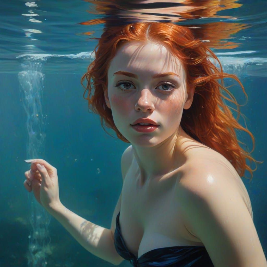 Underwater Redhead Models: Oil Painting