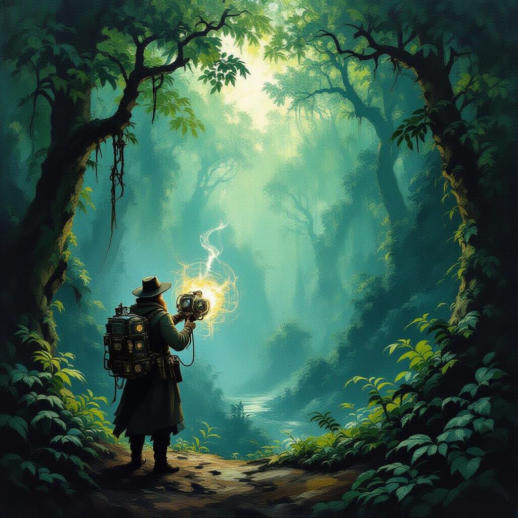 Explorer with Aetherpunk Device in Ancient Forest