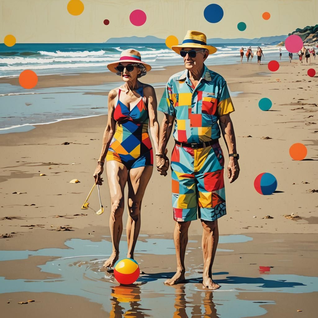 Elderly Couple at Beach in Pop Art Style