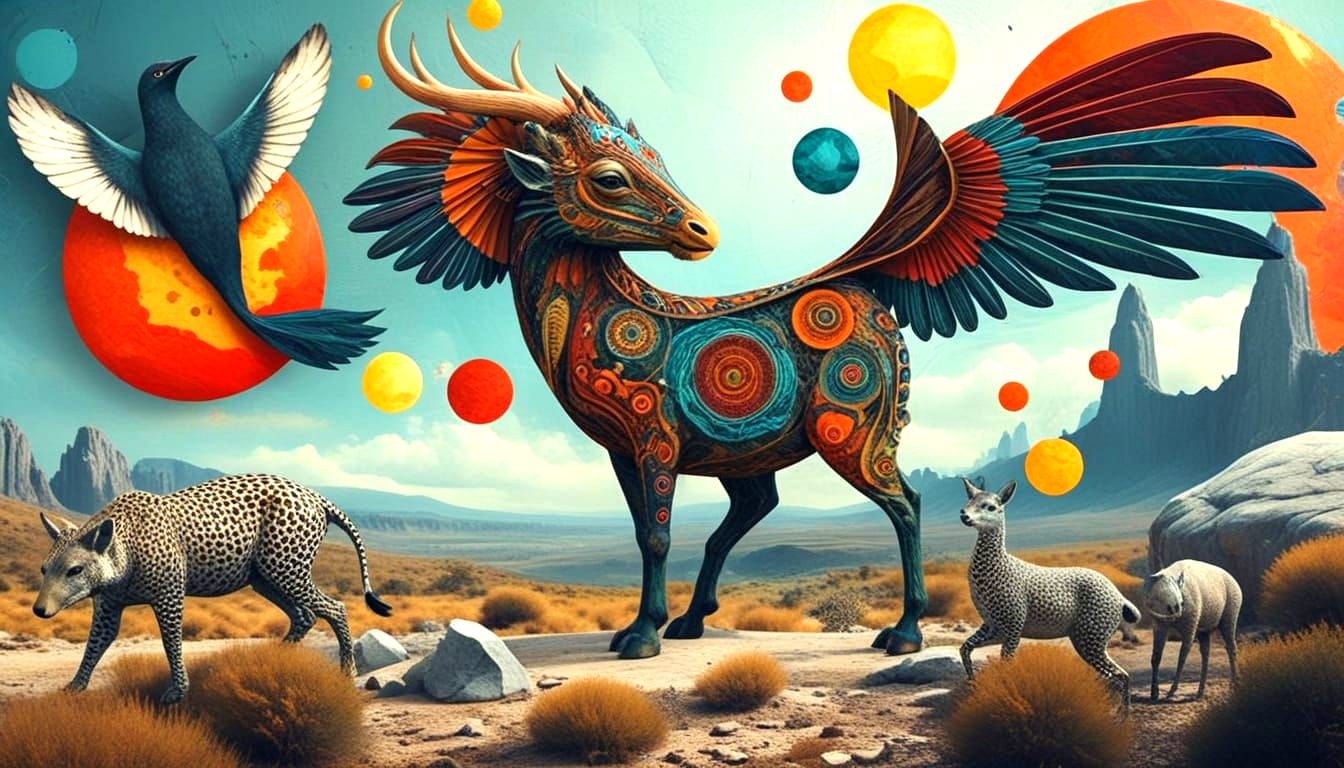 Surreal Animals in Abstract Landscape: Mixed Media Art
