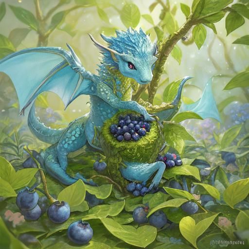 Tiny Dragon and Blueberry in Watercolor Style