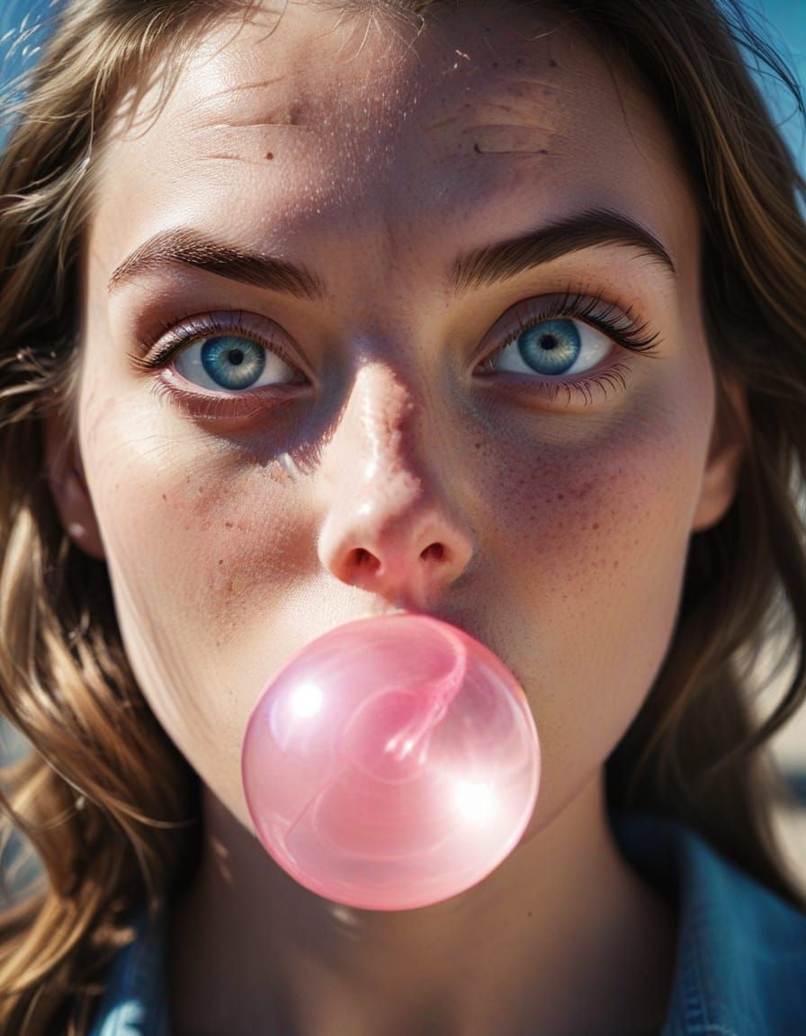 Young Woman Blowing Bubble Gum, Close Up