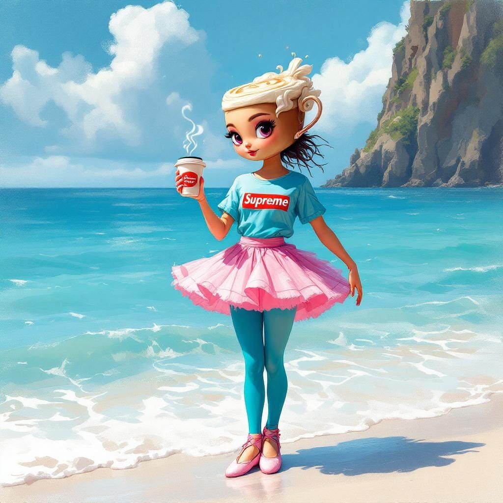 Cappuccino Ballerina on Blue Waters: A Surreal Portrait