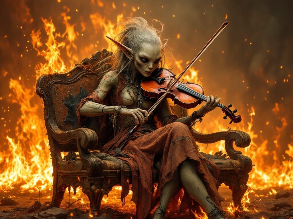 Surreal Alien Elf Plays Violin Amidst Burning Inferno