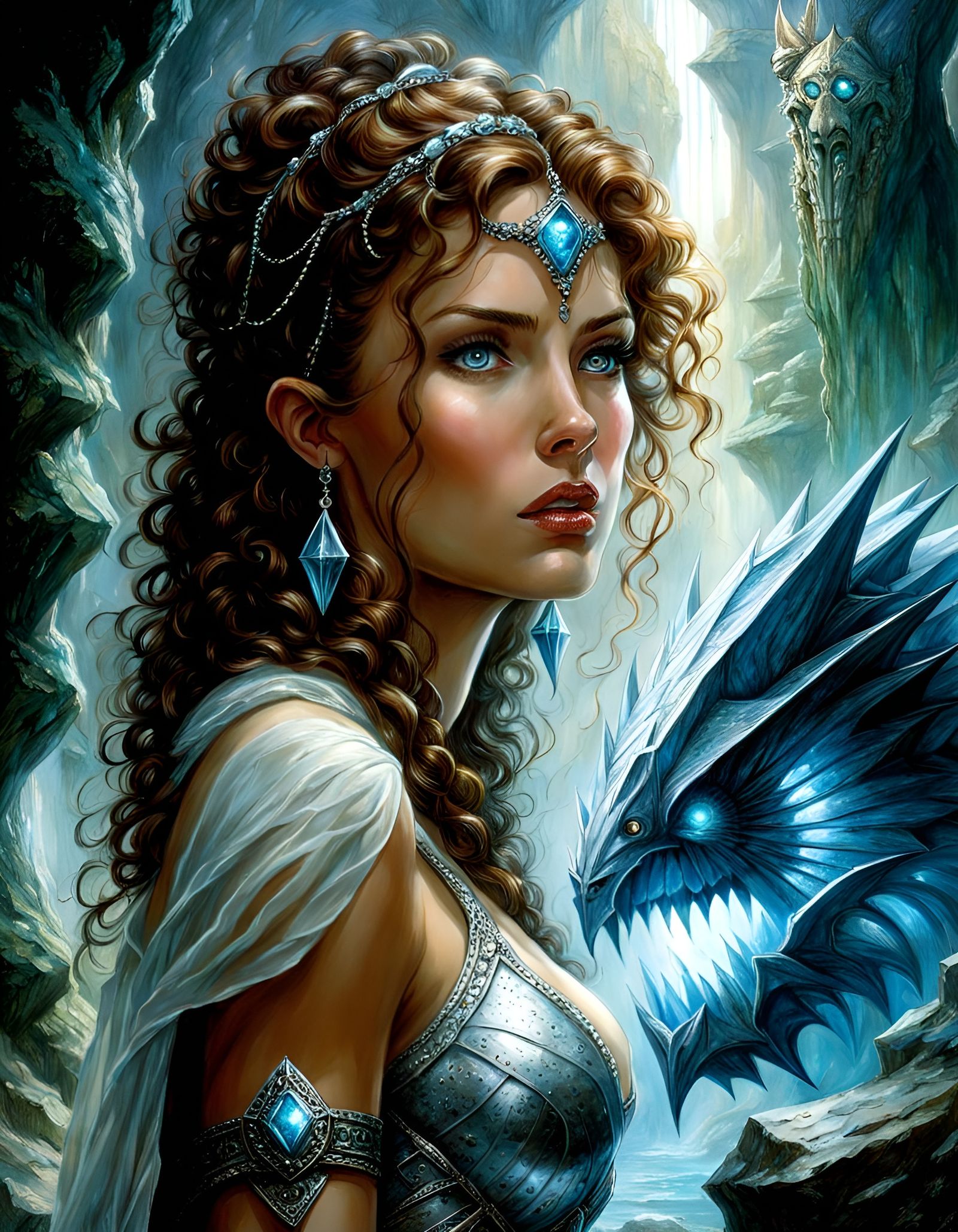 Adventurer in Crystal Cavern with Golem