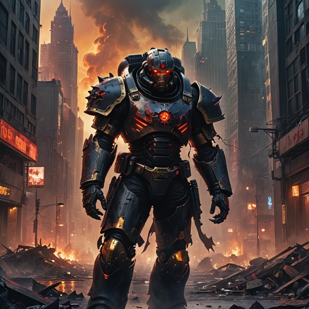 Demonic Space Marine in Ruined Cityscape