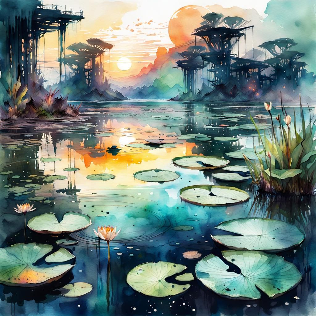 Sci-Fi Lily Pads at Night in Watercolor Style