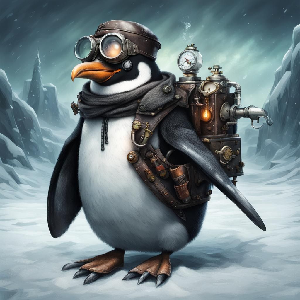 Steampunk Penguin in Post-Apocalyptic Frozen Bed