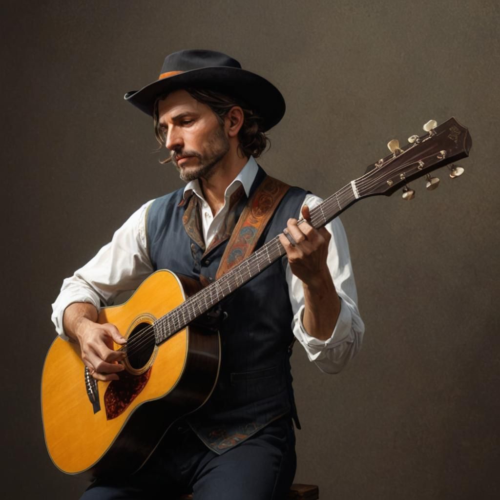 Folk Guitarist Portrait in Detailed Concept Art Style