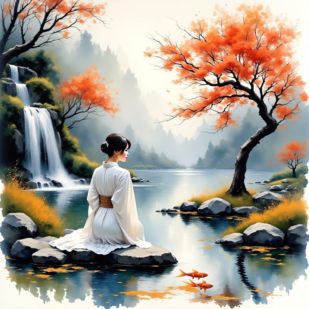 Tranquil Woman in Zen Rock Garden