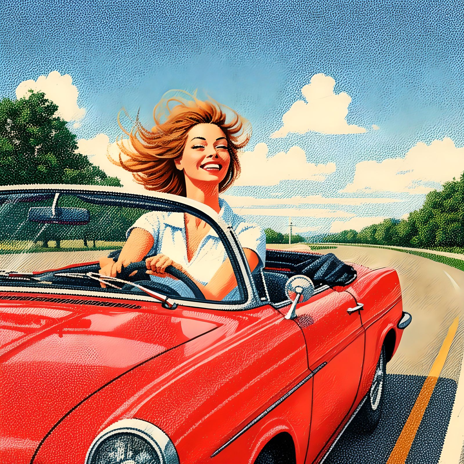 Joyful 1960s Woman in Red Convertible, Pointillism