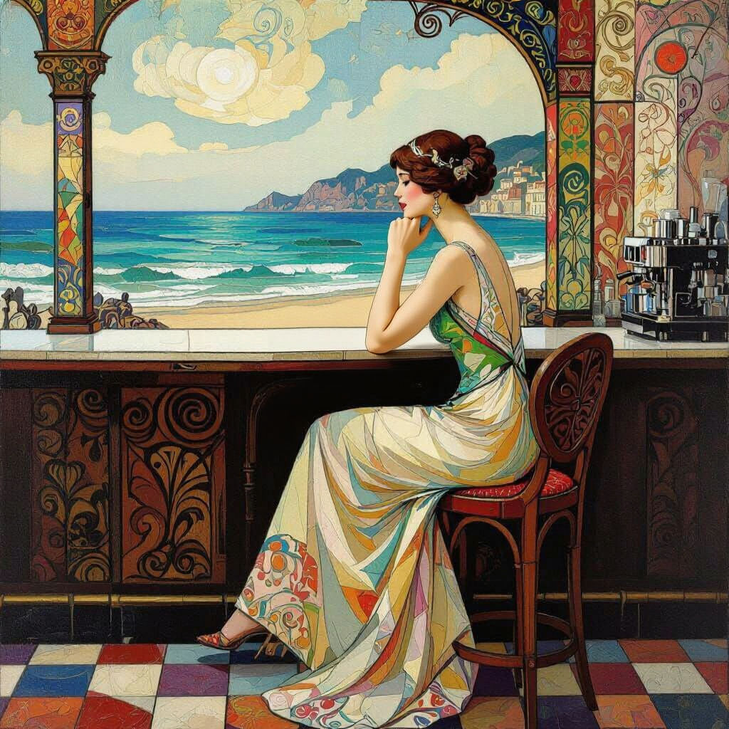 Surreal Seascape Woman in the Style of Erte and Picasso