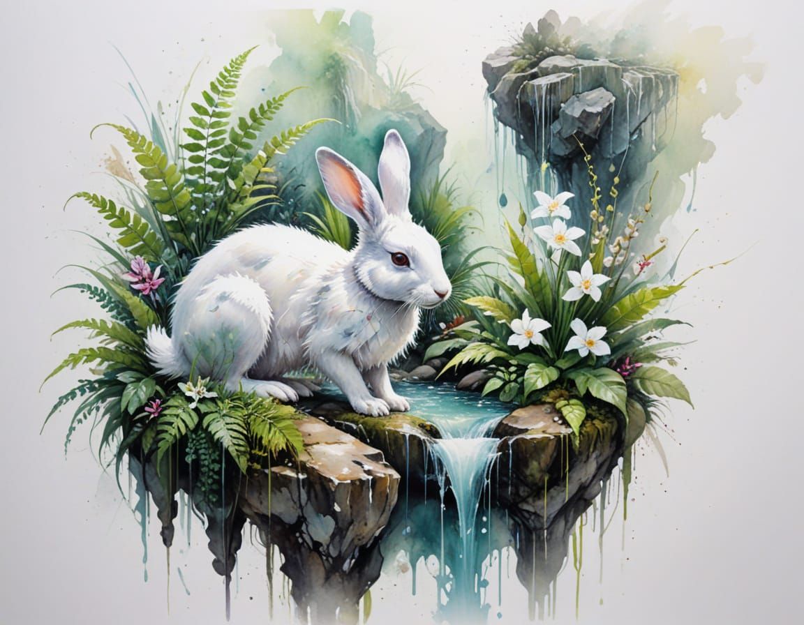 Arctic Hare in Tropical Waterfall Garden Watercolour Art