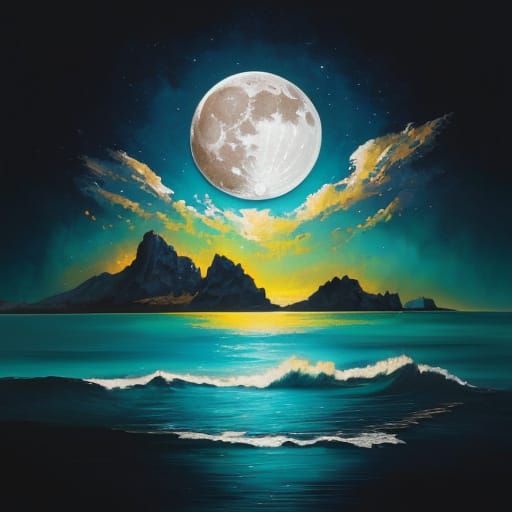 A Diamond Moon Shines Over an Opal and Turquoise Sea in a Vi...