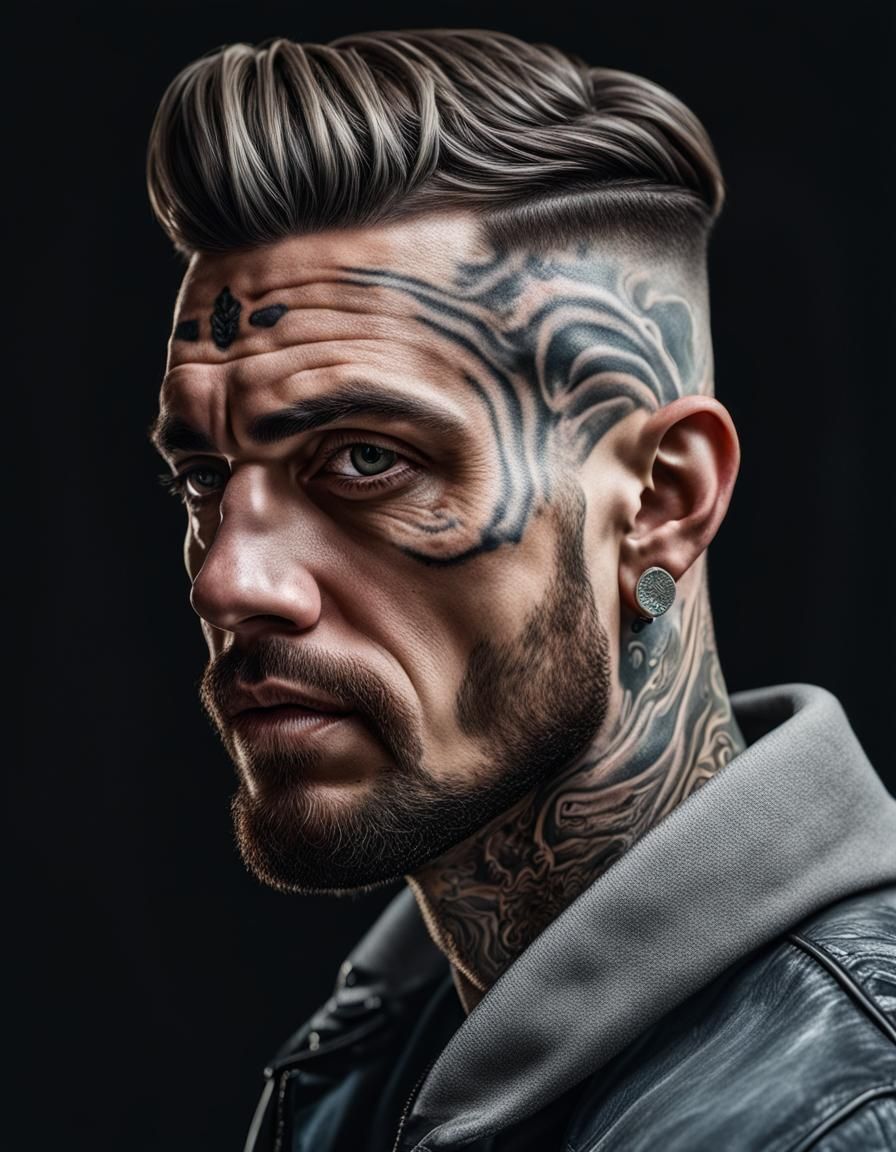 Arrogant Tattooed Man Holds Coin: Hyperrealistic Portrait