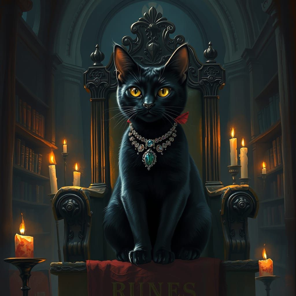 Black Cat on Rune Throne in Enchanted Library