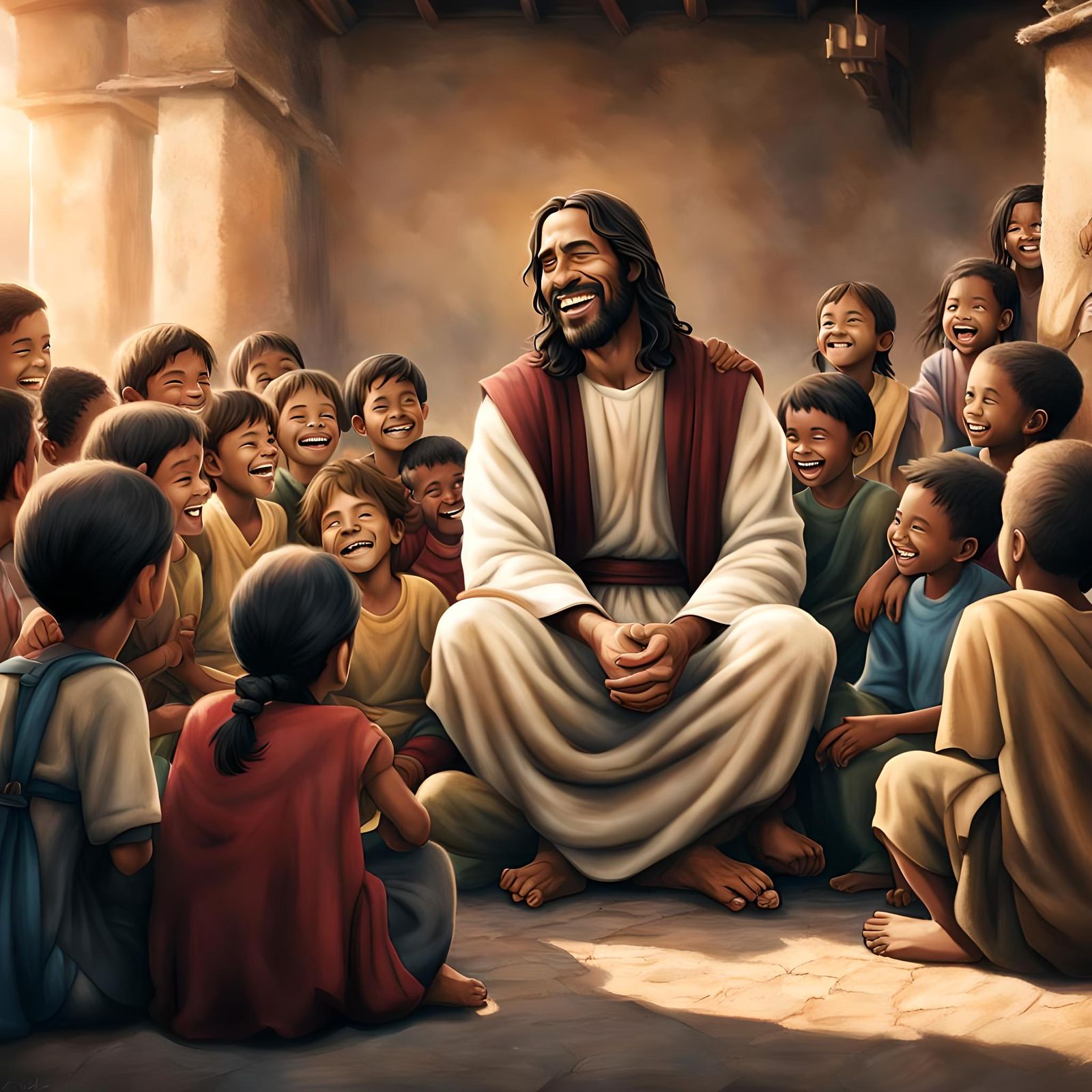 Jesus Christ Laughing with Children: Cinematic Image