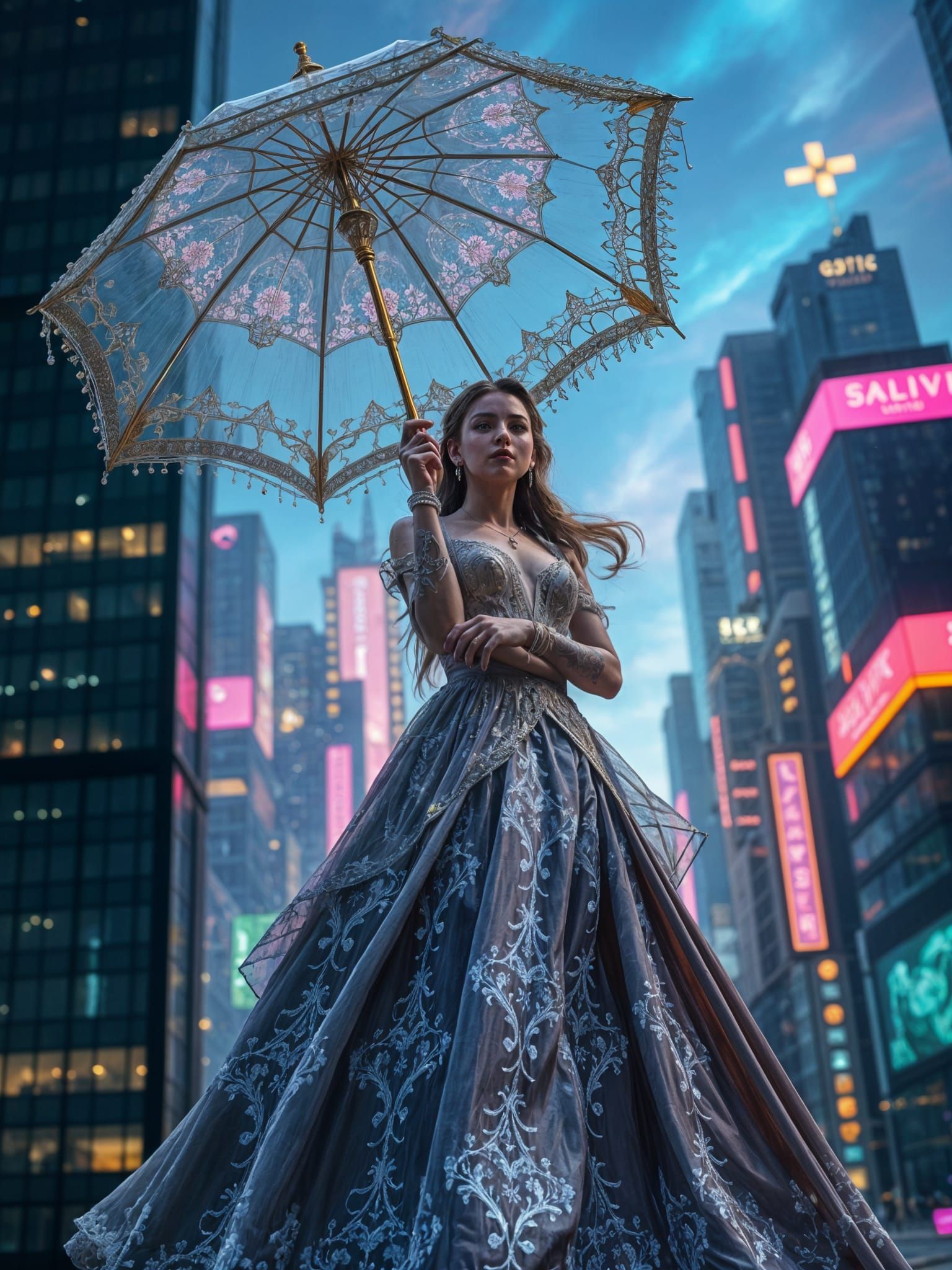 Elegant Girl in Exquisite Dress Holds Majestic Crystal Umbre...