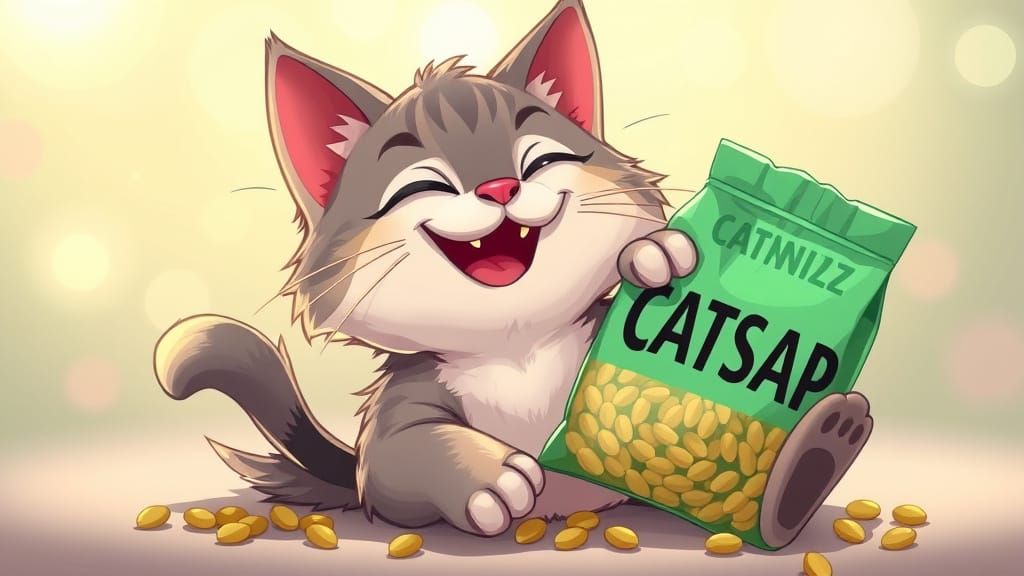 Anthropomorphic Cat in Ecstasy with Catnip Bag