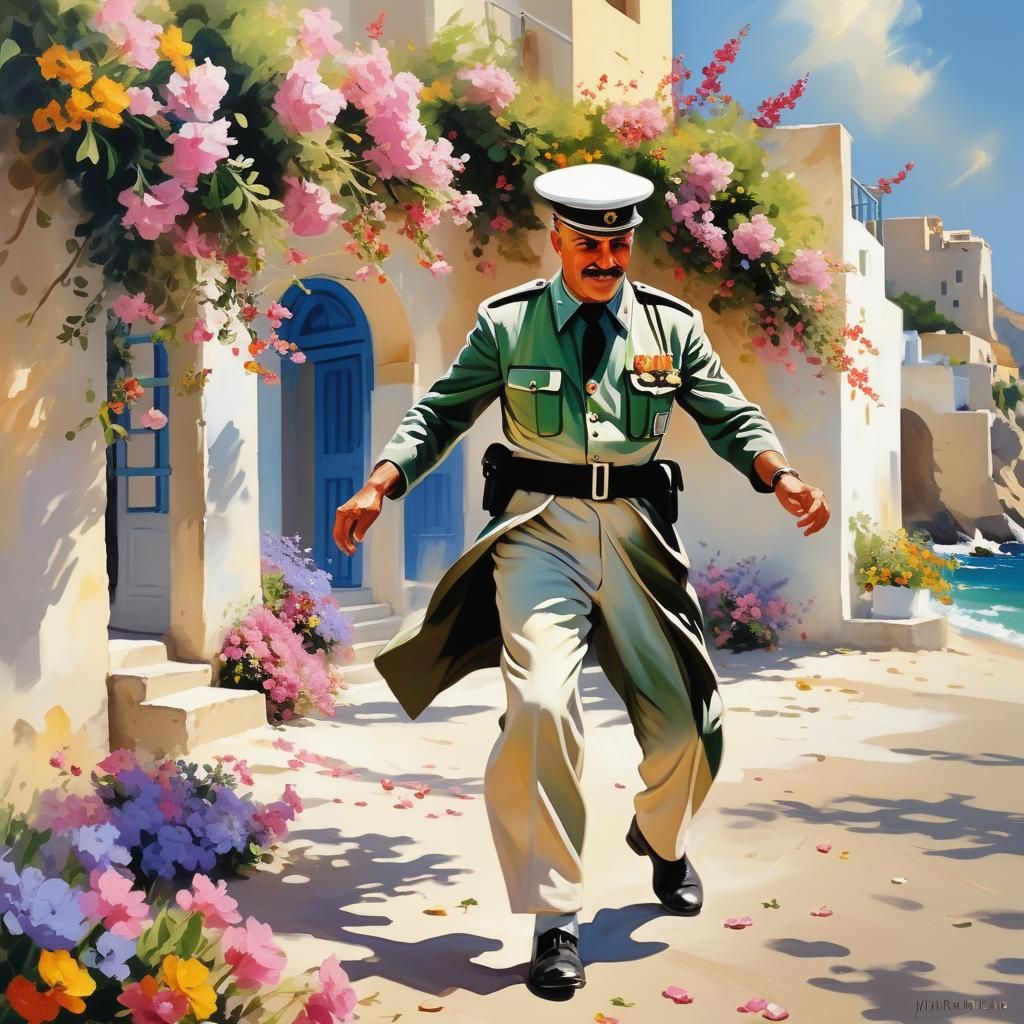 Dancing Prison Guard in Greece: Impressionist Beach Scene