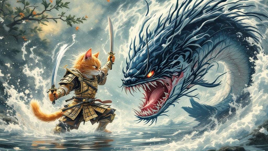 Samurai Cat vs Demon Fish in Ukiyo-e Style