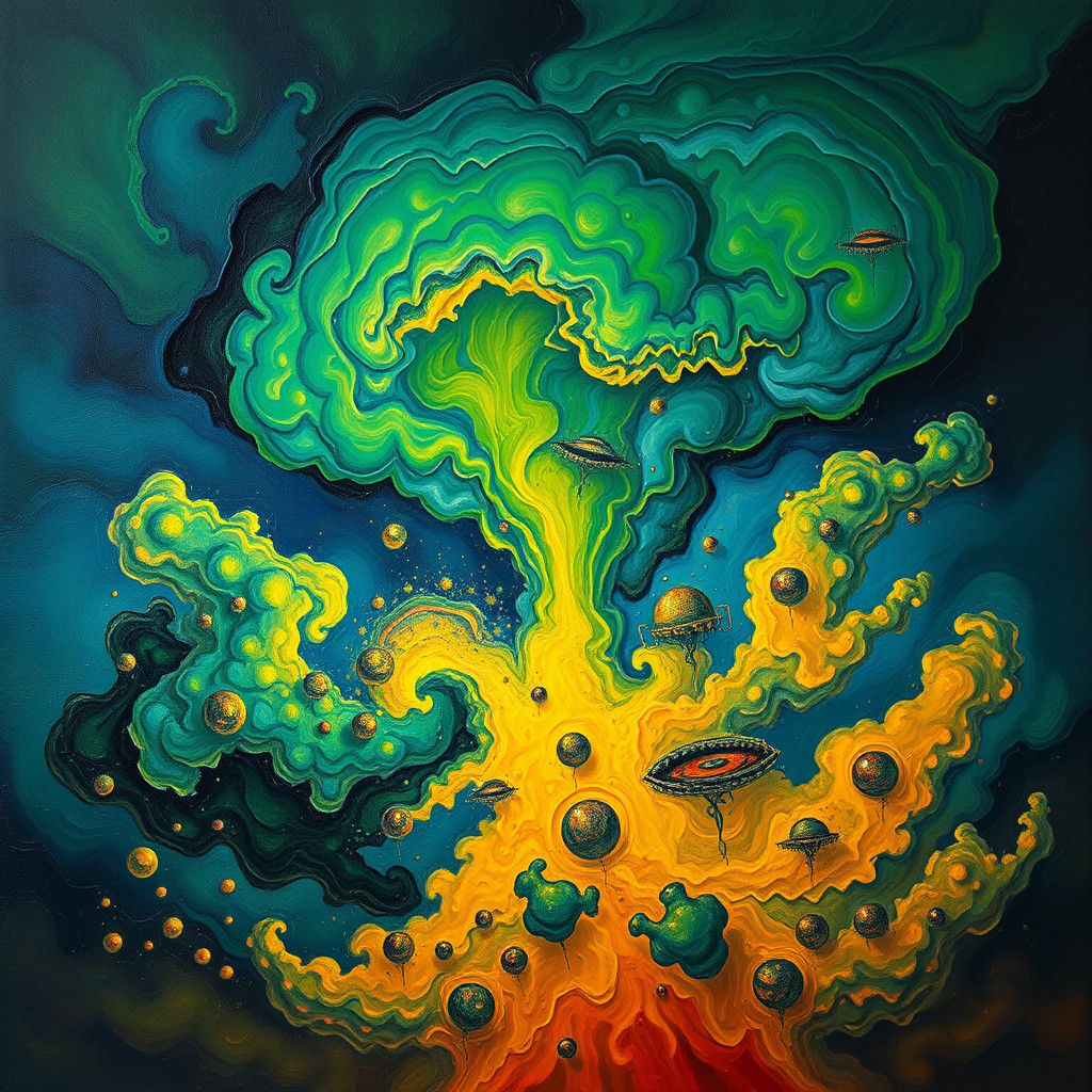 Surreal Impasto Dreamscape with Art Deco Motifs