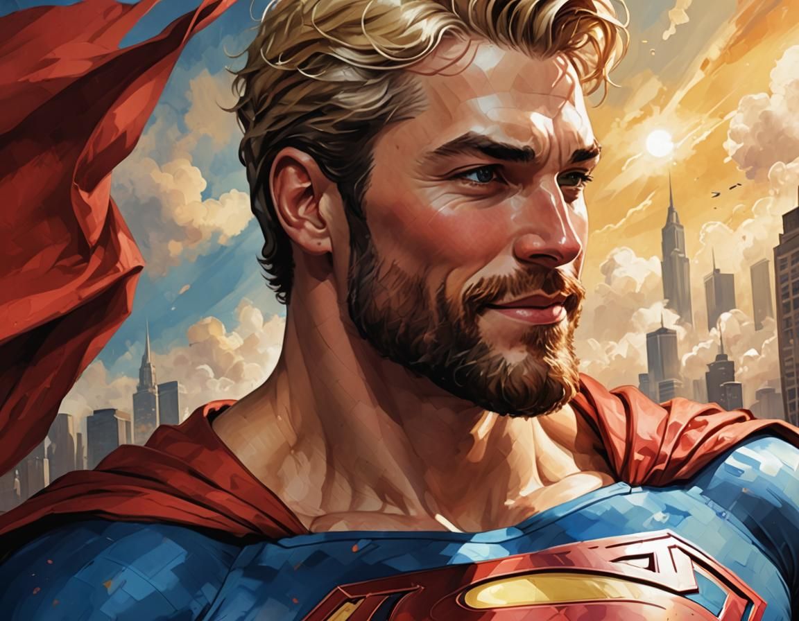 Cheerful Superman with Blond Beard in Digital Art Style