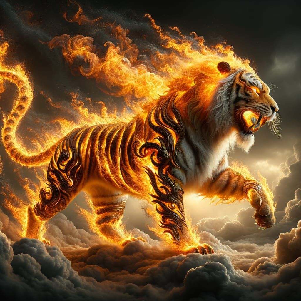 Golden Tiger Striding Through Stormy Flames