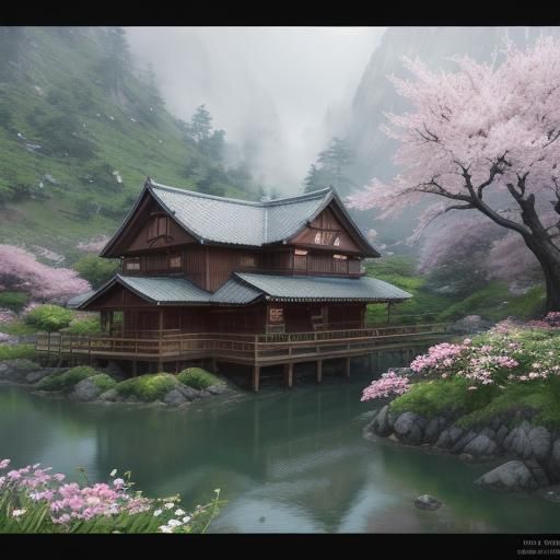Serene 3D Anime Village Scene with Vibrant Flowers and Majes...